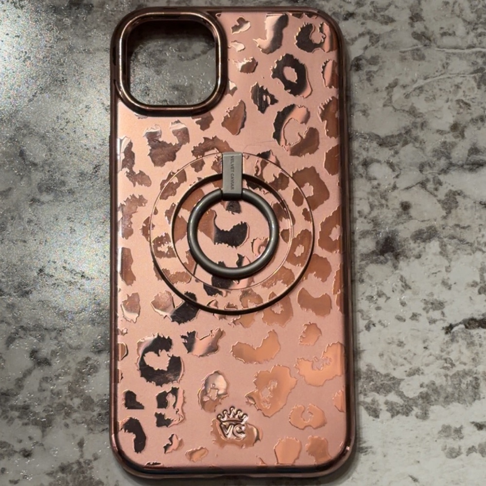 Velvet Caviar Bronze Chrome Leopard Phone 14 Plus Case with MagSafe Grip Ring